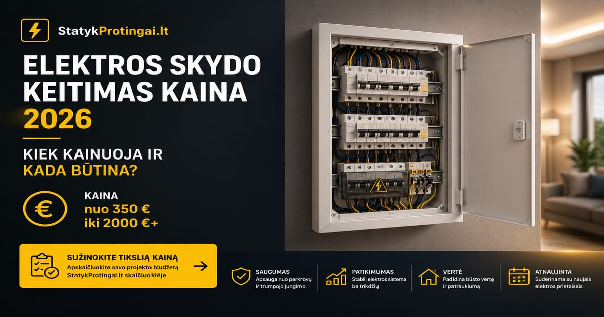 Elektros skydo keitimas kaina 2026: bute 400–900 €, name 600–1500 €