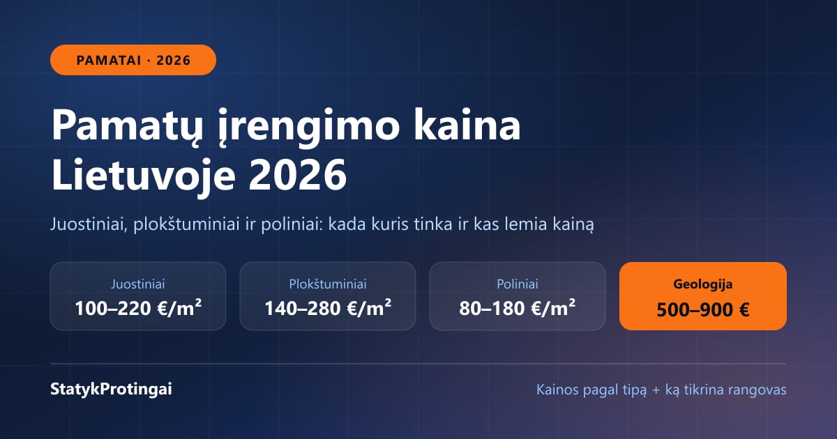 Pamatų įrengimo kaina 2026: juostiniai, plokštuminiai ir poliniai pamatai