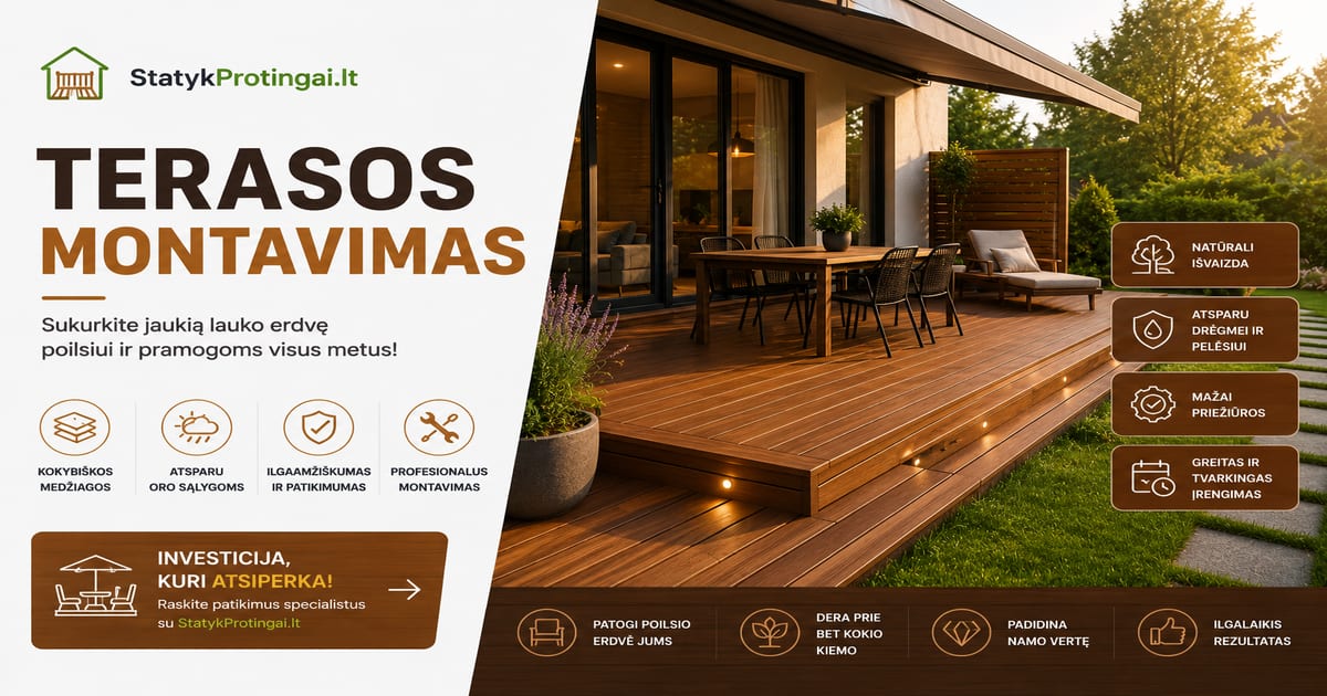 Medinės terasos kaina Lietuvoje 2026: 80–350 €/m²